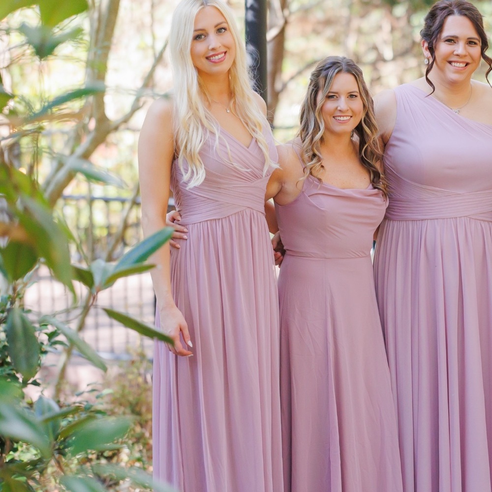 David’s Bridal mesh long bridesmaid dress with crisscross back